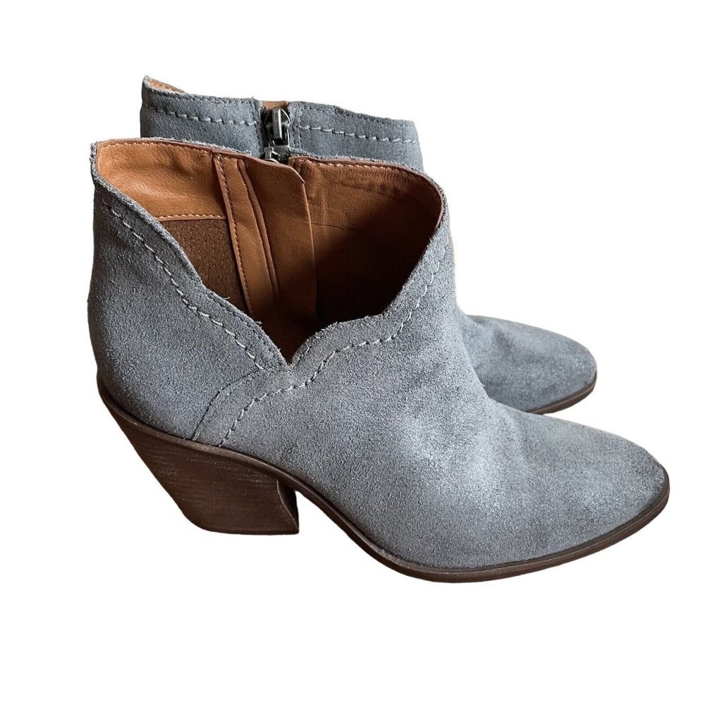 Lucky Brand Women 7.5M Gray Suede Boho Almond Toe Scalloped Lakelyy Ankle Bootie